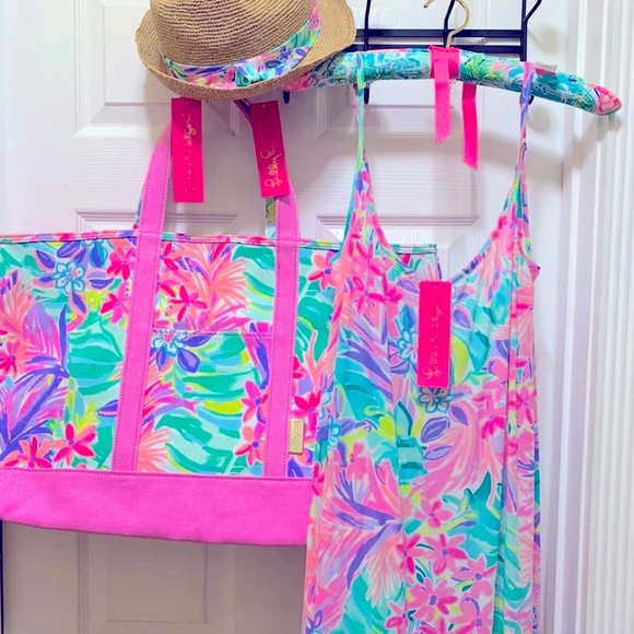 NWT LILLY PULITZER WINNI COVER-UP/ MERCATO TOTE/HAT SET IT WAS ALL A DREAM FIRM - Picture 2 of 10